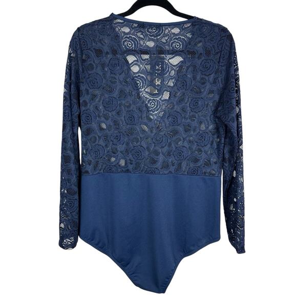 Boohoo Navy Blue  Plunge V Neck Lace Long Sleeve Bodysuit Size 14 - Picture 7 of 10